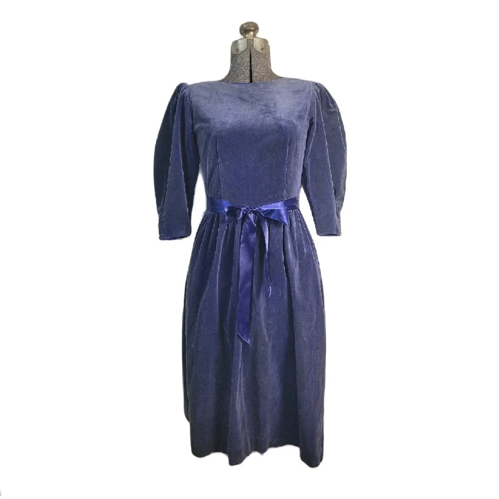 Vintage 40s‎ 50s Dusty Blue Velvet Midi Dress 3/4 Sleeve Ribbon Waist FLAW XS